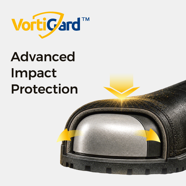 Technologie de protection des orteils VortiGard™ pour chaussures de sécurité résistantes aux chocsTechnologie de protection des orteils VortiGard™ pour chaussures de sécurité résistantes aux chocs